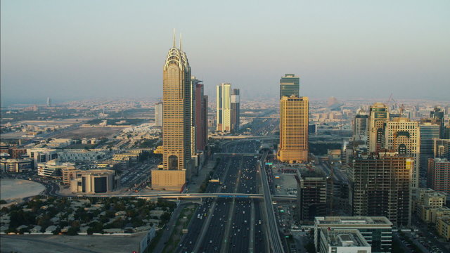Aerial Dubai Sheikh Zayed Road traffic Skyscrapers Media city UAE