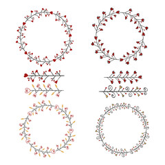 Romantic wreath with hearts. Set of doodle borders.