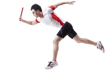 Male athlete running with relay baton