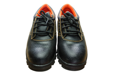 Black steel toe safety boots on white background.