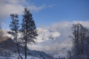 montagne innevate strade neve alberi neve nevicata inverno
