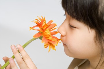 Little girl smelling a flower