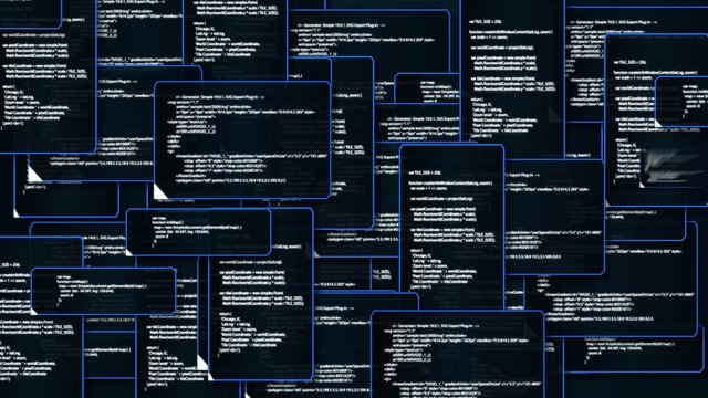 Animation of computer monitor screen showing windows folder source code and text alert sign warning and blinking that the system had been hacked or infected by network virus in 4k ultra HD