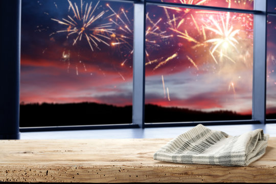 wooden desk space and window space