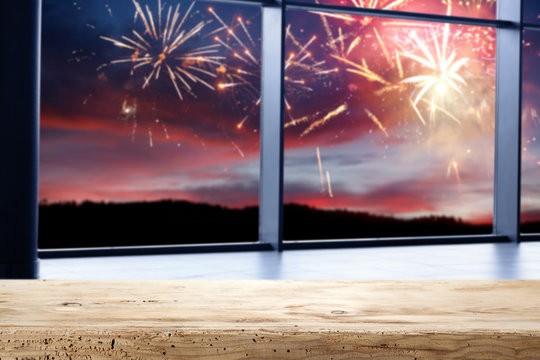 wooden desk space and window space - Powered by Adobe