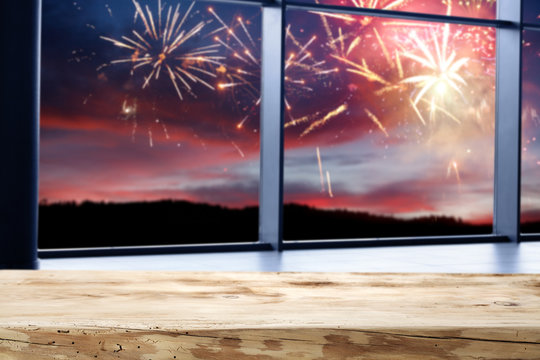 wooden desk space and window space