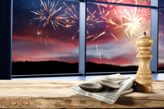 wooden desk space and window space