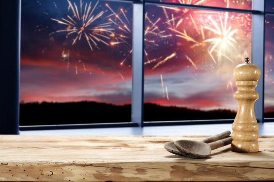 wooden desk space and window space