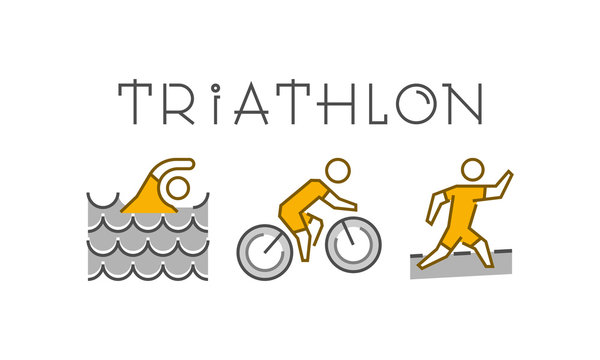 Line and flat triathlon logo. Swimming, cycling and running icon