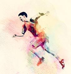 Colorful watercolor painting of man running. Abstract creative sport background