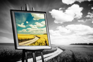 Landscape picture painted on canvas against black and white field