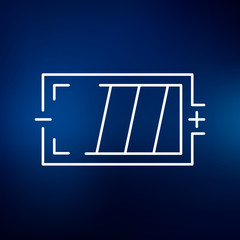 Battery icon. Battery charge sign. Battery power level symbol. Thin line icon on blue background. Vector illustration.