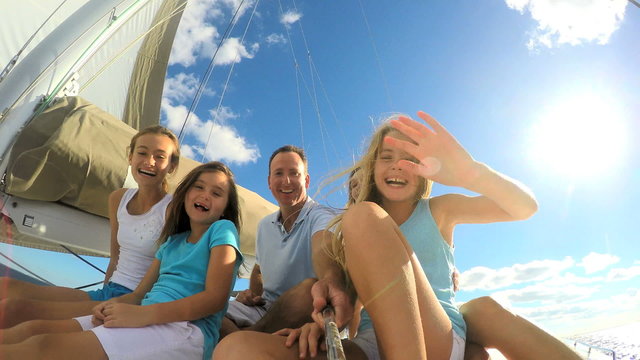 Loving Caucasian Parents Daughters Social Media Greeting Yacht Carefree Sailing 