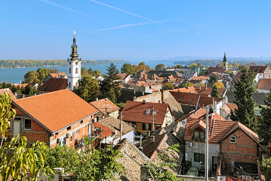 View of the St. Nicholas Church, Danube river and Belgrade from the Gardos hill in Zemun, Serbia