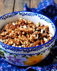 Walnuts in a bowl on a wooden table