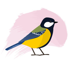 Great Tit with rose background, vector illustration