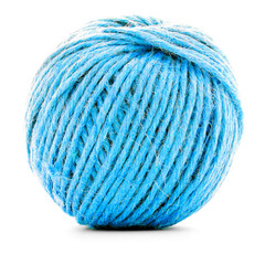 Blue braided skein, crochet thread roll isolated on white background