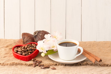 Cocoa pod, Cocoa beans, cocoa powder ,cocoa cup cinnamon on whit