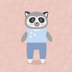 Raccoon in a blue shirt and jeans on a floral background. Vector.