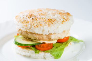 close-up of  Japanese food, grilled meat in Rice burger, served