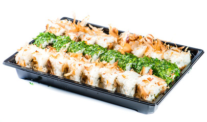 close-up of sushi roll in the black box, Sushi delivery. shallow