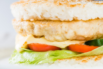 close-up of  Japanese food, grilled meat in Rice burger, served
