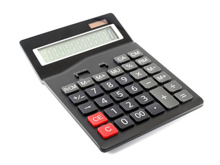 closeup single black digital calculator isolated on white background, electronic office supplies for calculating the numbers in business finance or mathematics education