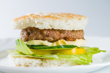 close-up of  Japanese food, grilled meat in Rice burger, served