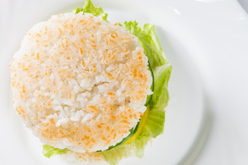 close-up of  Japanese food, grilled meat in Rice burger, served