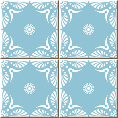 Vintage seamless wall tiles of blue fan shape white lace flower, Moroccan, Portuguese.
