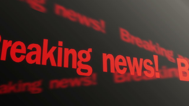 Breaking news red text running on TV screen. Important news report, journalism