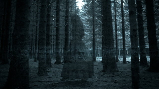 Horror scene of a female ghost in the creepy forest