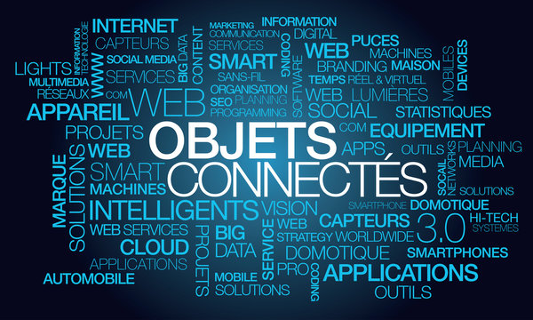 Objets Connect&eacute;s Internet des choses Web des objets intelligent sans fil nuage de mots texte mots-cl&eacute;s