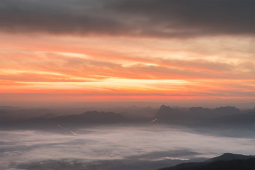 Morning sunrise and most cloudy with fog over the valley.
