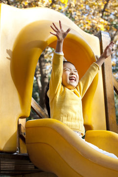 Esctatic Girl Playing On Playground Slide