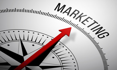 3D rendering of a compass with a Marketing icon.