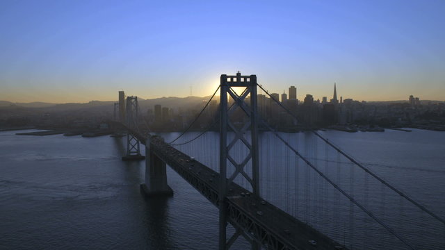 Aerial sunset view Oakland Bay Bridge San Francisco USA