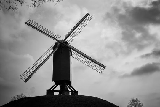 Old windmill on a hill in Black and Whiate