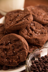 Chocolate cookie with bowl of chocolate chips