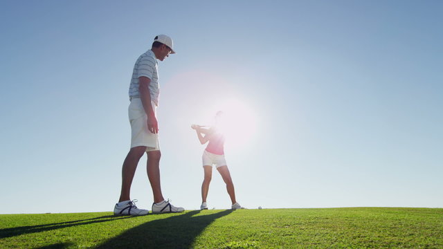 Healthy Outdoor Sport Caucasian Female Golf Player Male Coach Activity Training