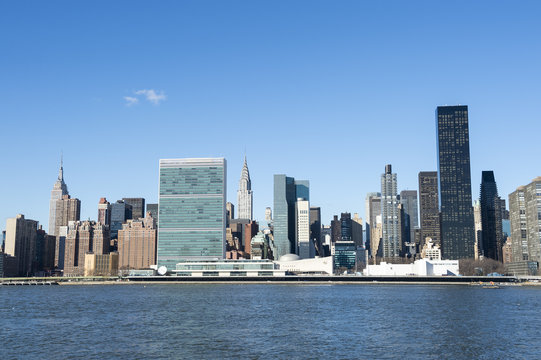 Scenic skyline view of Midtown Manhattan from across the East River in Queens, New York City