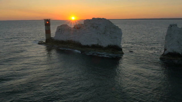 Aerial Isle of Wight Needles sunset UK Drone Lighthouse 