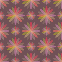 Fototapeta na wymiar abstract vector transparent yellow, red, purple flowers on purple background, seamless texture