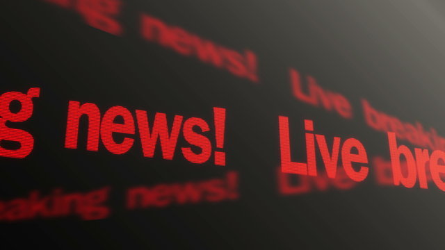 Live breaking news red text running on screen. Important news report on TV