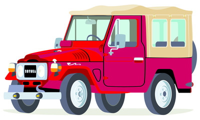Fototapeta premium Caricatura Toyota Land Cruiser carpa cerado total rojo vista frontal y lateral