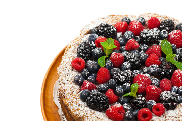 Very Berry Coffee Cake on white background. Selective focus.