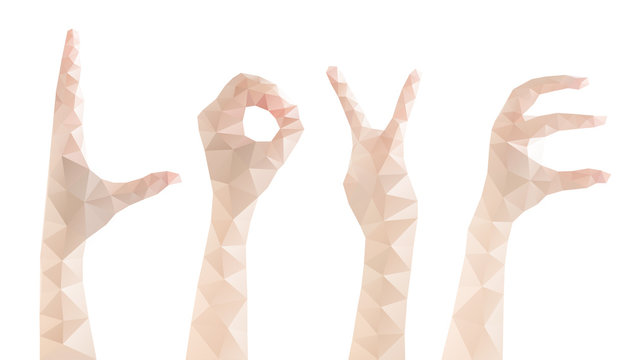 Set female hands gestures making word LOVE isolated on white background low poly style, Vector illustration