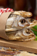 Dried and salted fish. Selective focus.