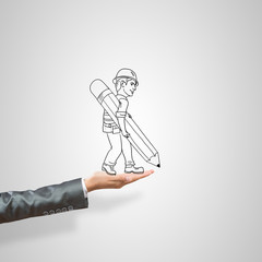 Caricatures of businessman in palm