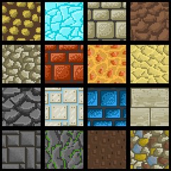 Collection of sixteen seamless pixel ground textures for game pl
